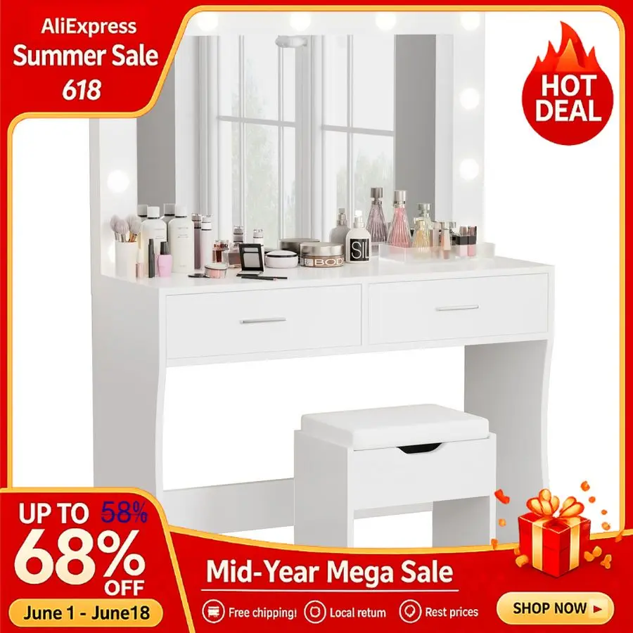 

Furmax Vanity Desk Set with Large Lighted Mirror,35.4 Inch Makeup Vanity Table 2 Drawers,Cushioned Storage Stool, 3 Light,Custom