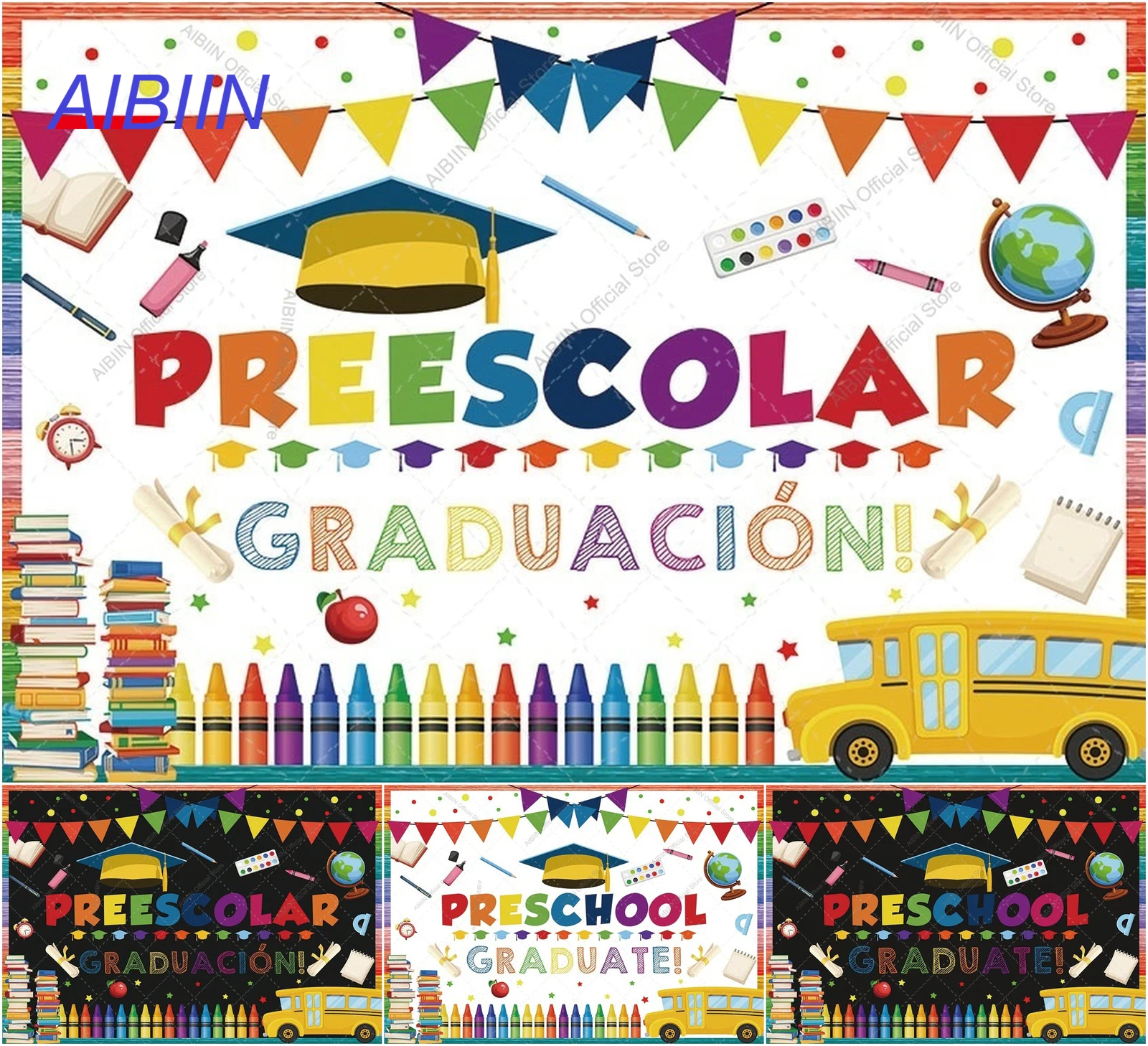 Fondo de Graduación Preescolar, Fondo Blanco y Negro, Birrete de Graduación, Pincel Colorido, Diploma, Decoración para Fiesta de Graduación Infantil