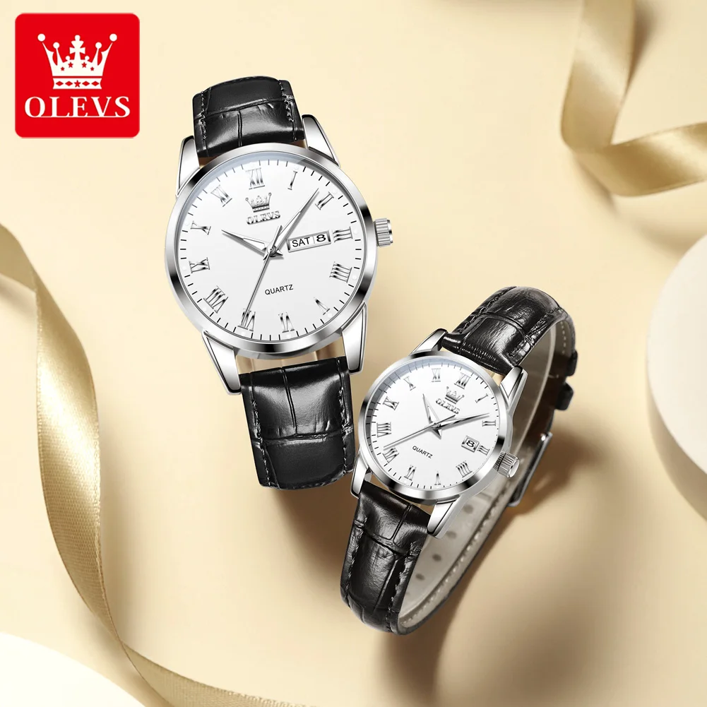 OLEVS 5892 Couple Watches for Men Women Minimalist Elegant Fashion Leather Strap Dual Calendar Roman Scale Quartz Wristwatch New