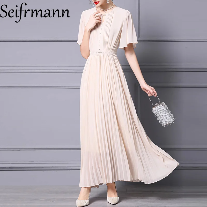 Seifrmann In The Summer Of 2025 The New Elegant Dress Short-sleeved High-Waist Button Fashion Solid Women's Pleated Dress