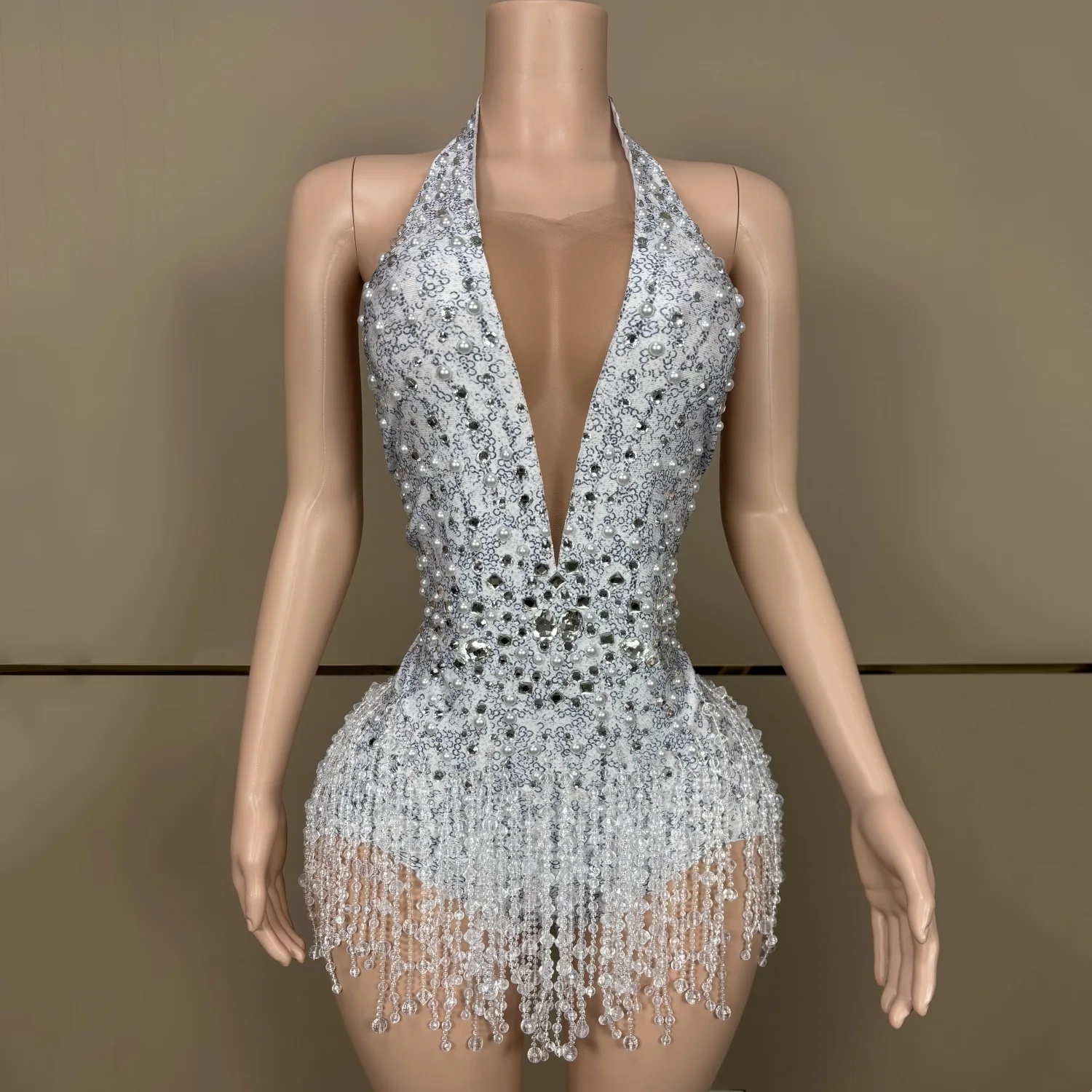 

Pearls Rhinestones Crytrals Tassels Sexy Backless Sheath Bodysuit Evening Party Nightclub Dancer Perfprmance Costume Stage Wear