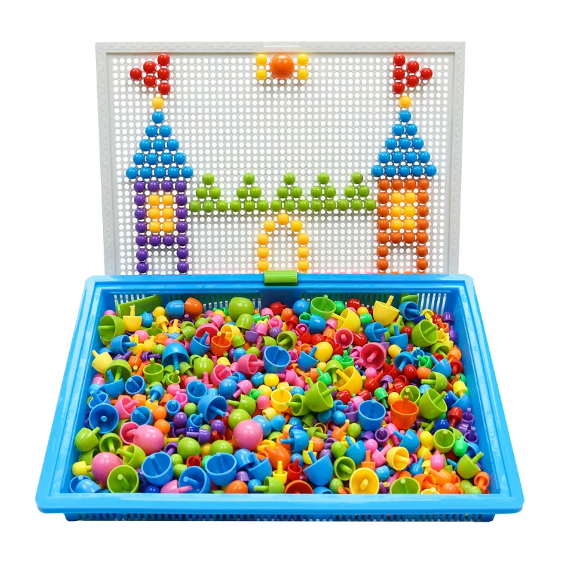 296ピース-3dキノコ型ネイルパズルキット-創造的な豆型積み木-知育diyおもちゃ-子供向け-組み合わせボード