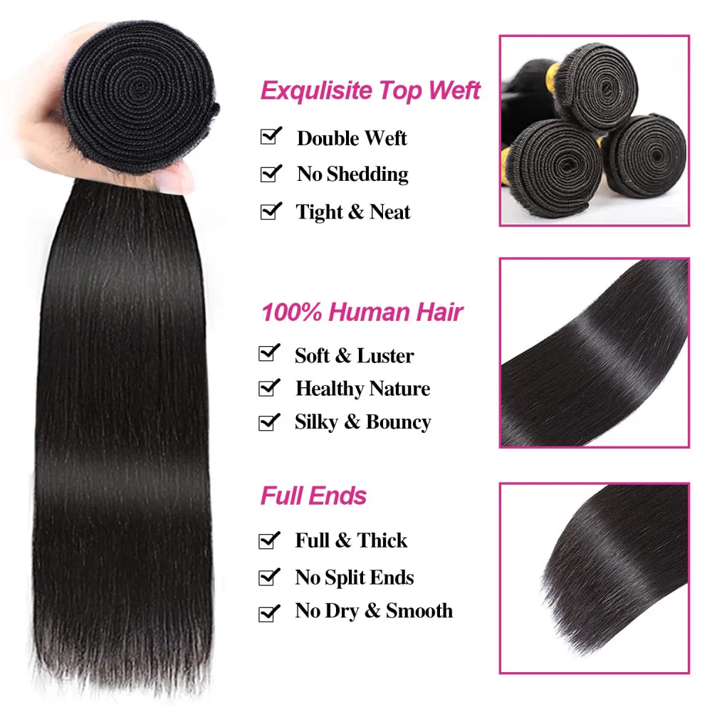 Human Hair Bundles Long Straight Unprocessed Brazilian Virgin Human Hair Weave Extensions 20 22 24 Inches Natural Black Color 1B