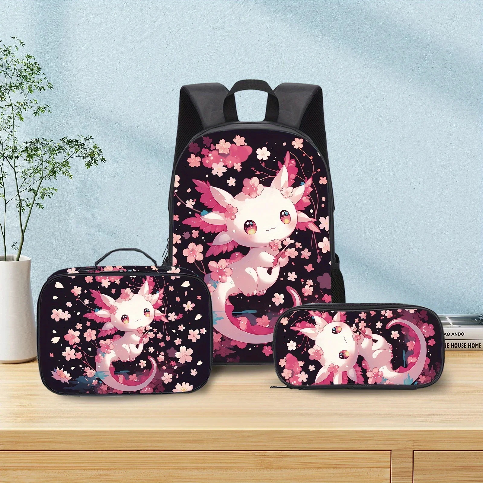 Custom Bag Custom 3pcs Set Lightweight Polyester Cute Pink Salamander Schoolbag, Lunch Bag, Pencil, Unisex, Adjustable Strap, Zi