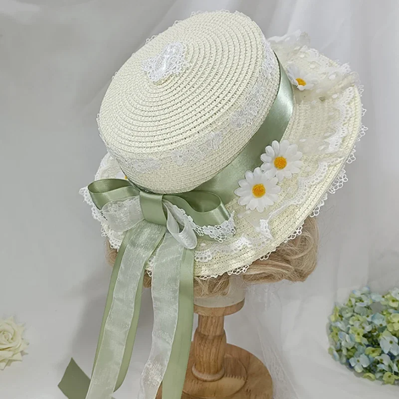Chrysanthemum Straw Hat Bow Ribbon Sunshade Hat Lolita Girl Maid Cosplay Lace Pastoral Hat For Women Gift