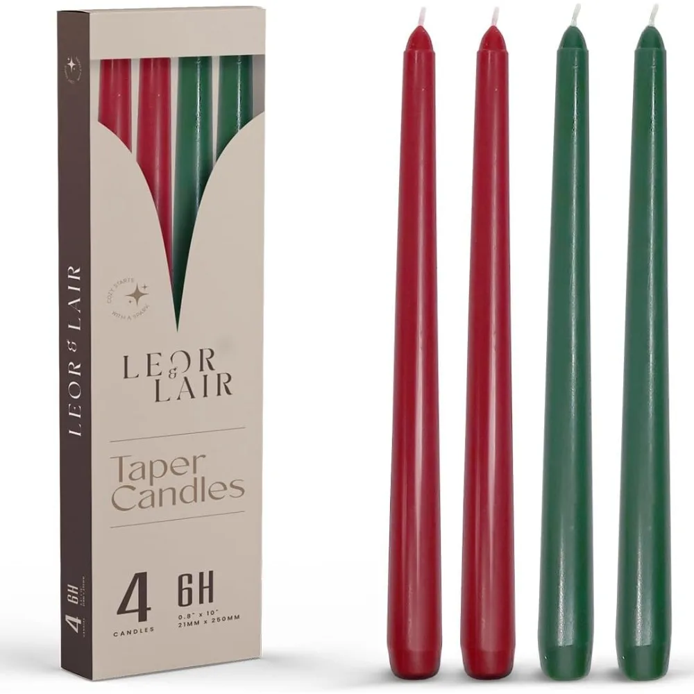 Velas cônicas de Natal de 10” – Conjunto de 4 castiçais altos vermelhos e verdes – Velas de mesa de férias de queima longa para o advento