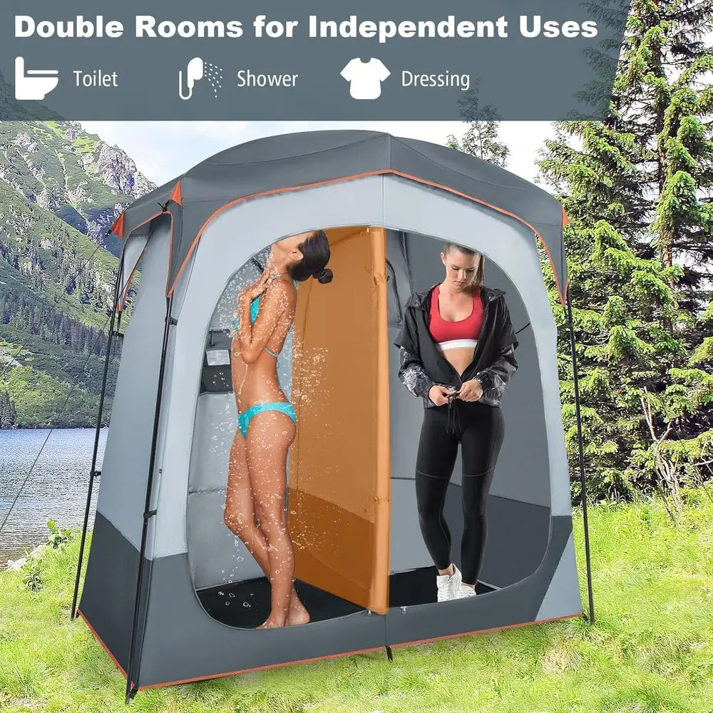 Spacious Shower Tent with Floor, Removable Rainfly, Hanging Kit, Clothesline, and Top Hook for Outdoor Privacy
