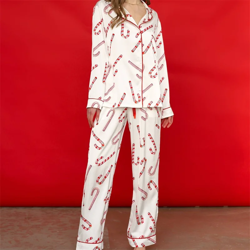 hirigin Women 2 Pieces Christmas Pajama Sets Long Sleeve Candy Cane Print Buttons Up Shirts Tops with Wide Leg Pants Loungewear