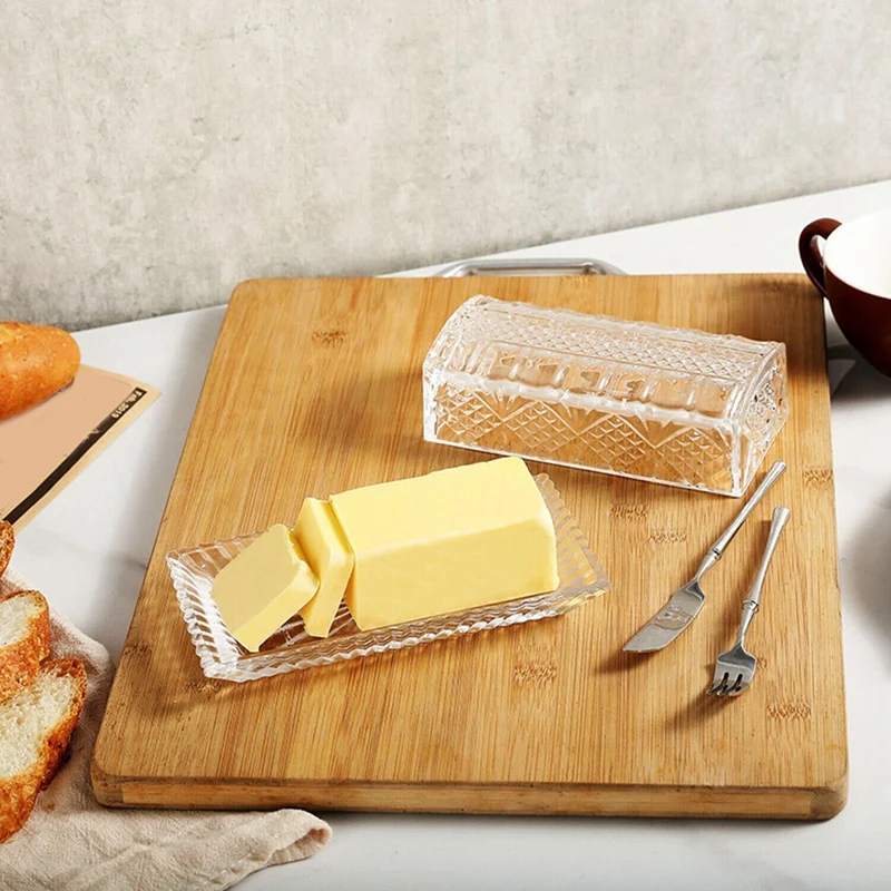 Glass Butter Dish For Countertop Butter Holder Container Plate Covered Keeper Holder Serving Cheese