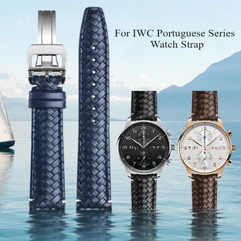 Waterproof Sweatproof Exquisite Cowhide Watch Strap for IWC Portuguese Series IW500713 IW371614 Woven Style Watch Strap 20 22mm