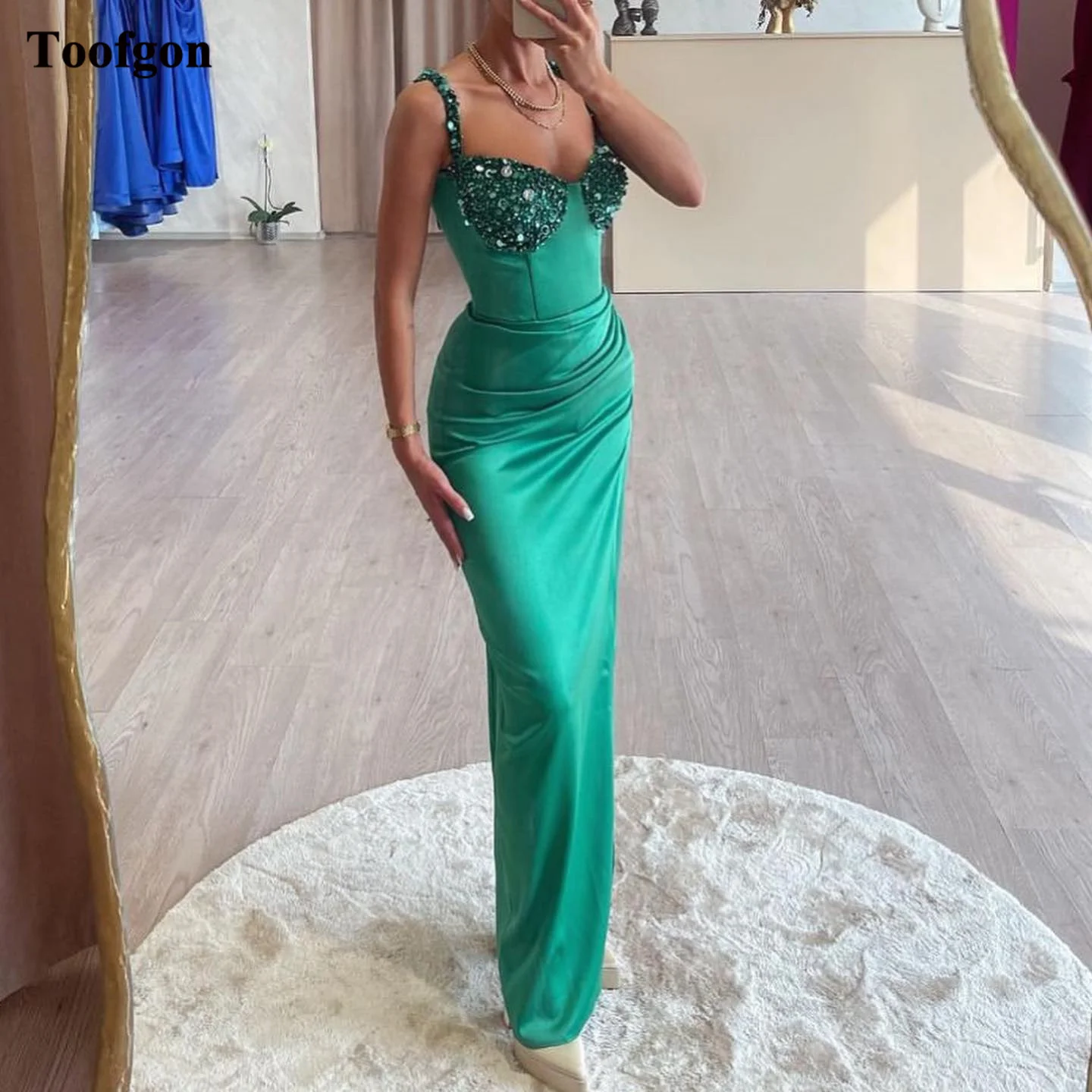 

Toofgon Simple Green Mermaid Evening Dresses Sequines Straps Pleated Women Satin Fishtail Formal Prom Gowns Special Party Dress