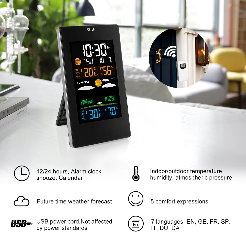 FanJu FJ3389B misuratore di umidità della temperatura da parete 3 sensore Wireless orologio elettronico da tavolo con previsioni del tempo sveglia