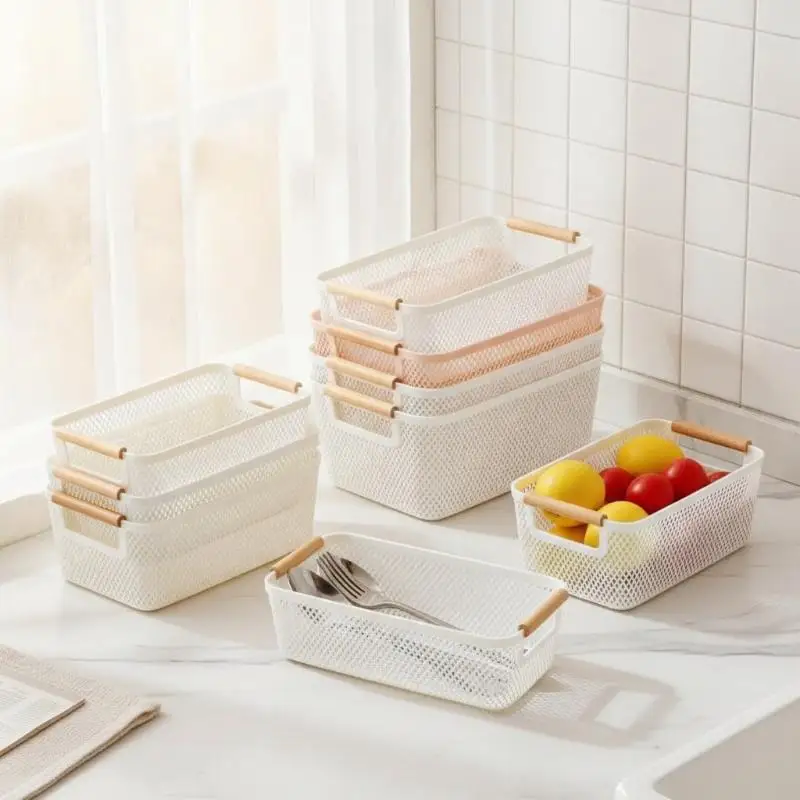 Plastic Storage Baskets With Wooden Handles Space Saving For Kitchen Bathroom Pantry Organization Minimalist Design