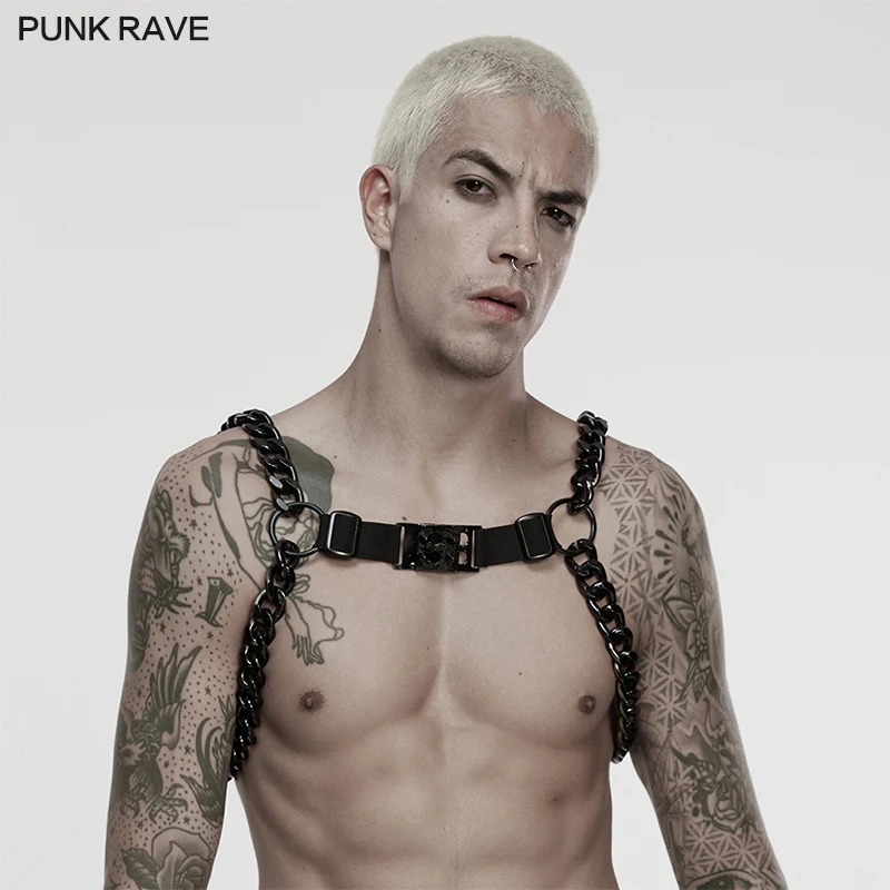 

PUNK RAVE Men's Punk Rugged Charm Harness Stylish Personalized Thick Metal Chains Cool Cosplay Accessories Adjustable Tightness