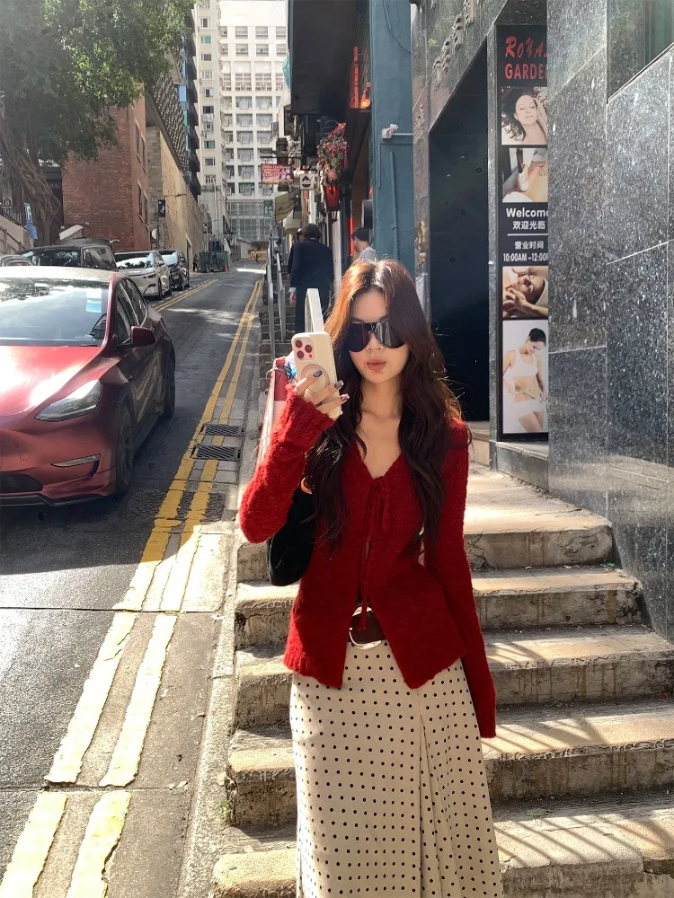 【MAR】Women's Spring Wool Blend V Neck Red Sweater Cardigan Waist Tie Long Sleeve Top