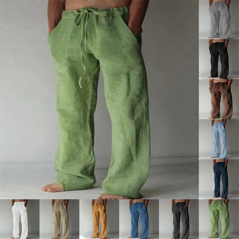 Men Cotton Linen Pants Full Length Breathable Trousers Casual Sweatpants Solid Color Loose Sports Pant Male Streetwear Trouser