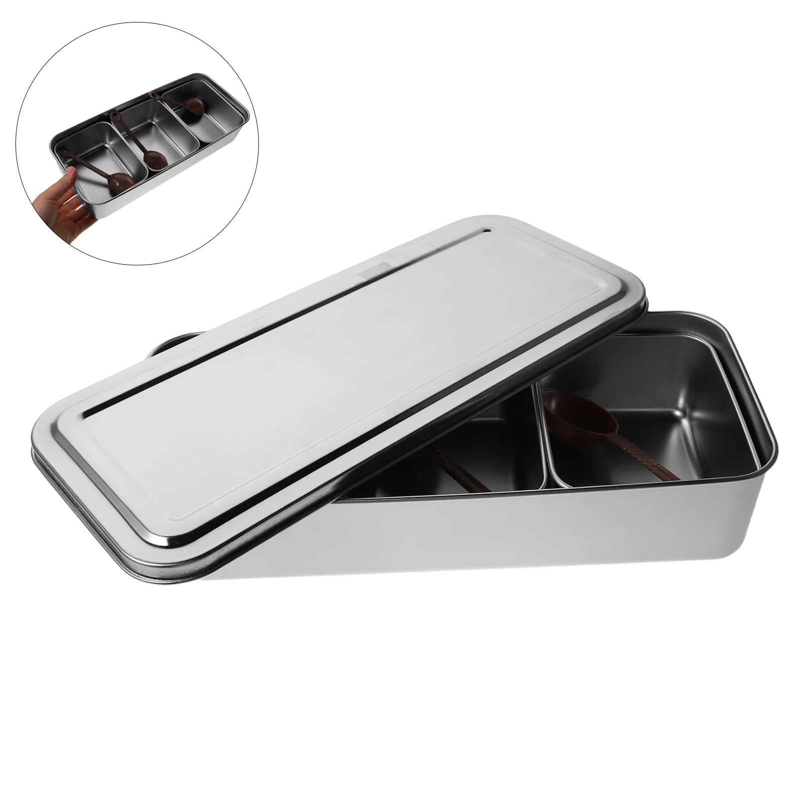 

3 Compartments Stainless Steel Seasoning Box Lid Spoon Kitchen Spice Storage Organizer Condiment Holder Condiment Storage Box