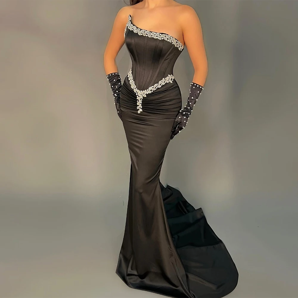 

Luxurious Women's Evening Dresses Satin Mermaid/Trumpet Prom Dress Black Strapless Rhinestones/Crystals Pleat Party Dress Long