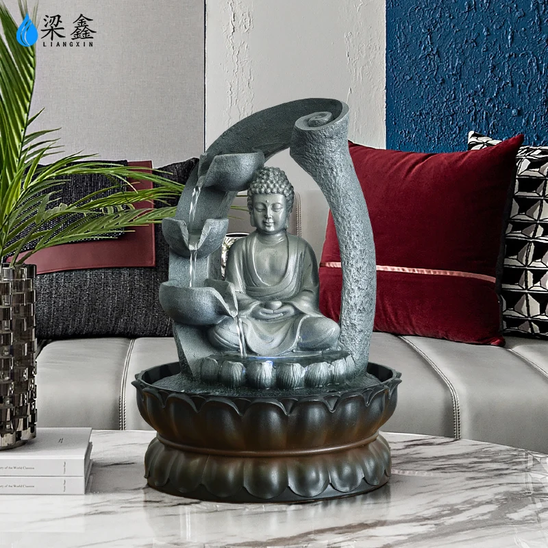 HXL Chinese Style Flowing Water Ornaments Zen Buddha Statue Living Room Desktop Decorations Lucky Feng Shui Opening for Free