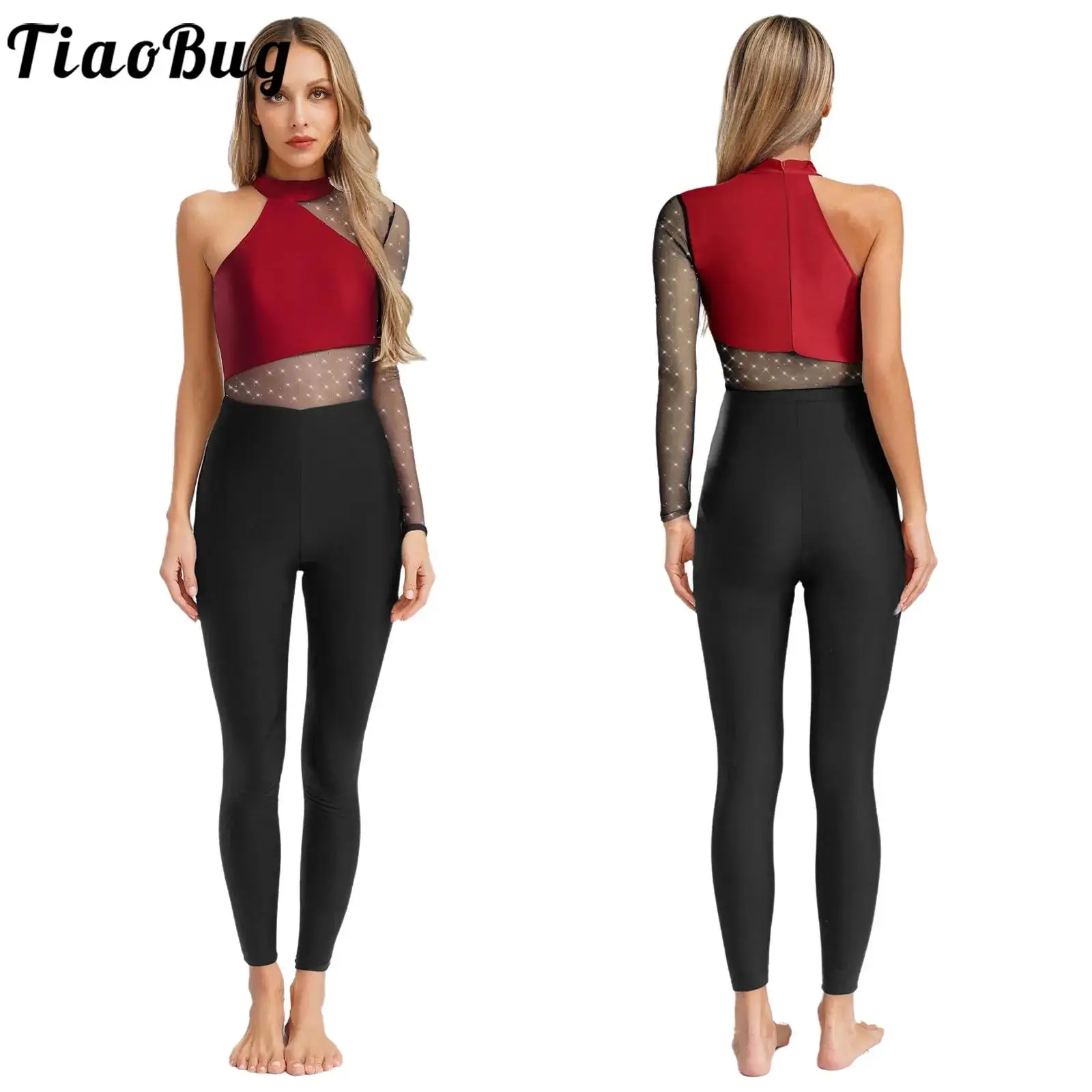 

Women One Shoulder Gymnastics Ballet Jumpsuit Glittery Rhinestones Mesh Gym Bodysuit Figure Skating Dance Performance Costume