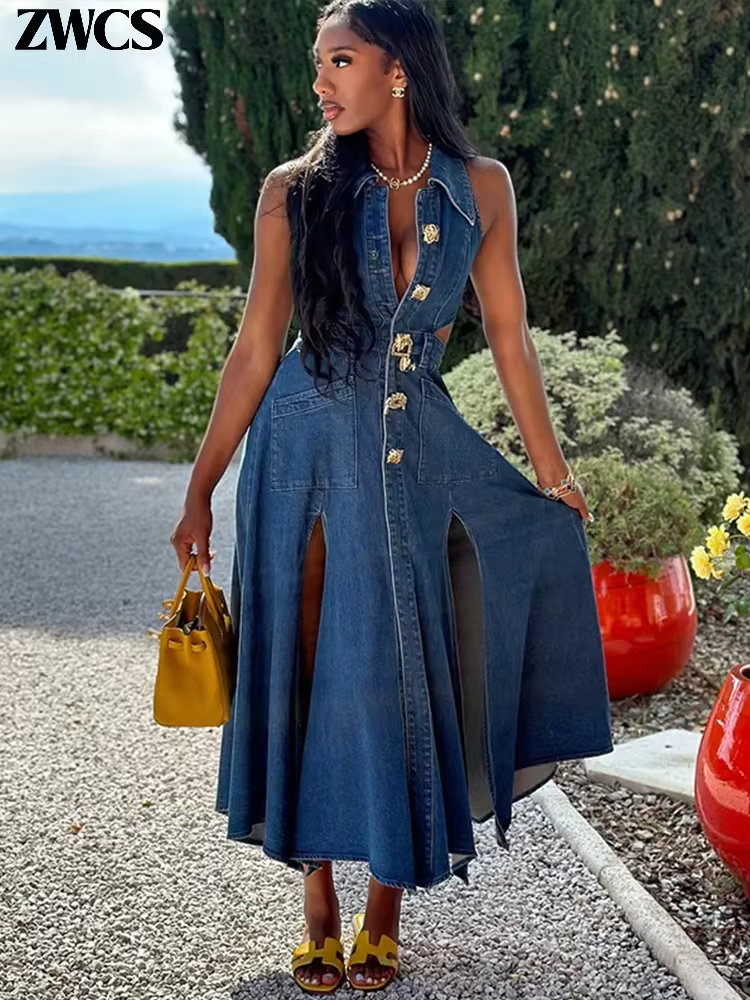 Robe Longue en Denim Ajourée pour Femme, Slim, Revers, Fibre D.lique, Multi Fente, Streetwear Chic, Été 2024