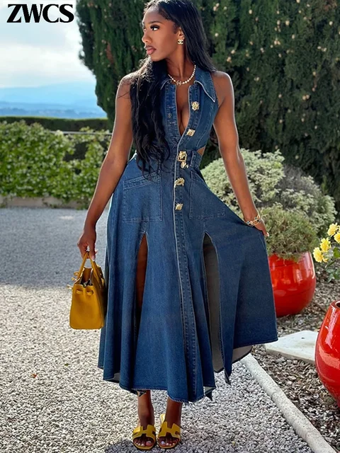 Elegant Denim Hollow Out Split Dresses Women Lapel Single breasted Pockets Long Dress 2024 Summer New Female Fashion Vestidos AliExpress