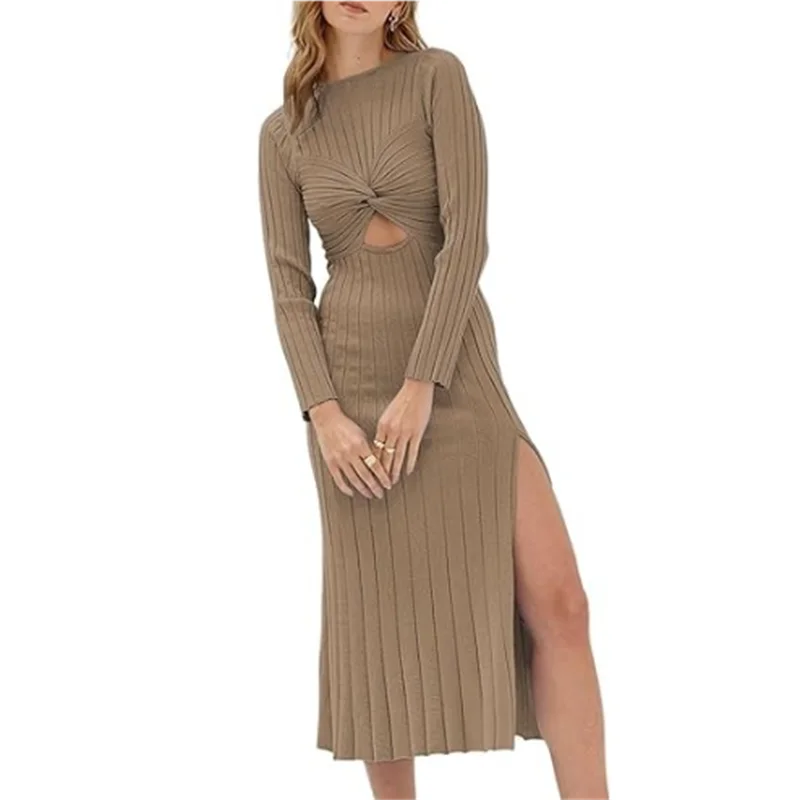 Bandage gebreide jurk met lange mouwen, sexy knoop hoge split uitgehold mode effen lange jurk outfits, strand bikini cover-up