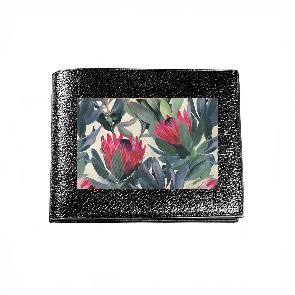 Floral Pattern Men's Wallet, Vibrant Red Blossoms & Green Leaves Design, Casual Business Style, Modern Fashion Statement