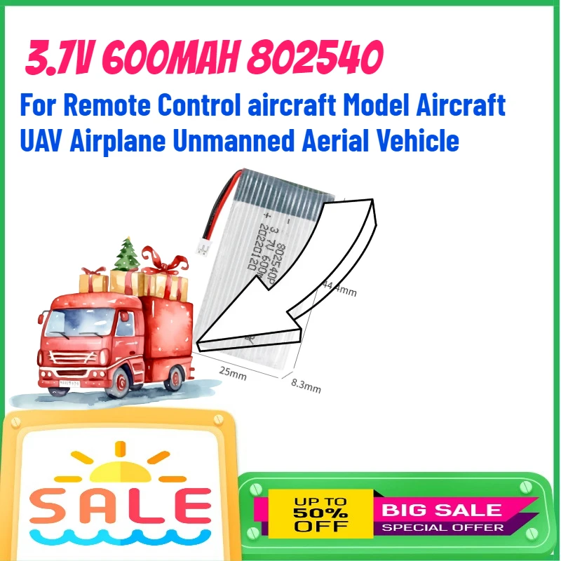 

3.7V 600mAh 802540 Rechargeable Li-ion Battery for Remote Control aircraft Model Aircraft UAV Airplane Unmanned Aerial Vehicle