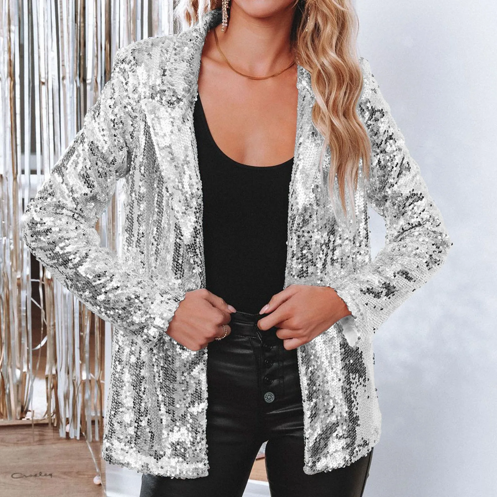 Women Shinny Sequins Blazer Casual Long Sleeve Shimmer Glitter Party Shiny Lapel Jacket Coat Luxury Elegant Office Blazer Mujer