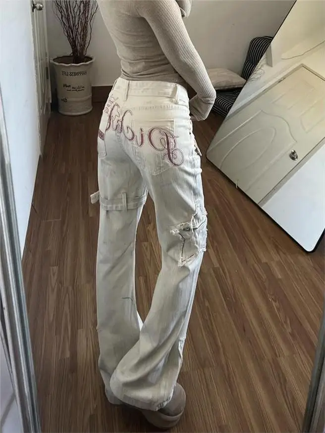 

Ретро-джинсы с вышивкой и поясом в американском стиле, расклешенные, женские, в уличном стиле, с эффектом стройности, брюки-клеш, осенне-зимняя мода