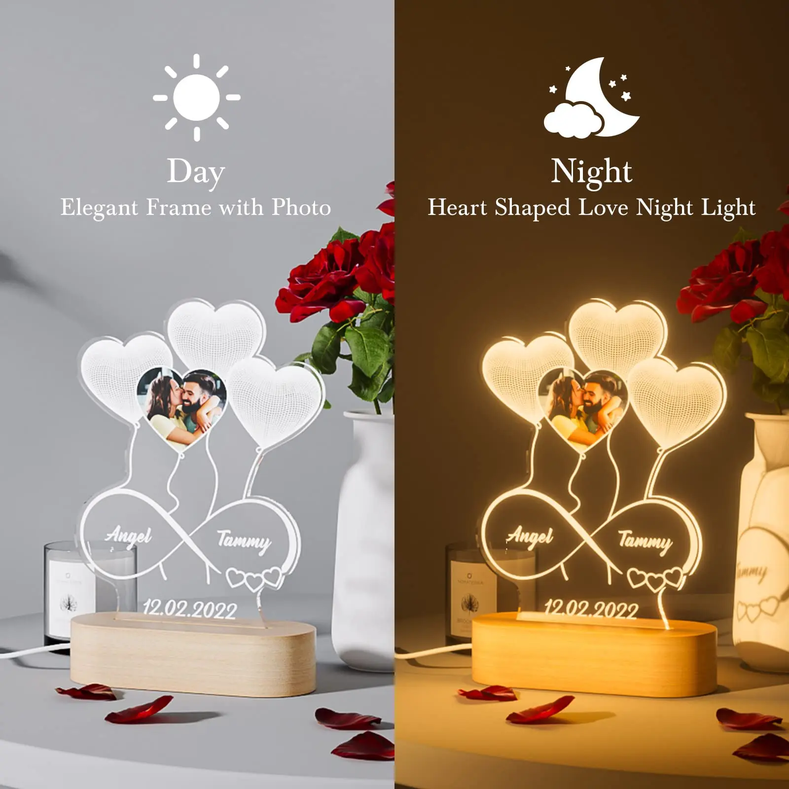 3D Photo Lamp Custom Photo And Text Engrave Wooden Base Customized Valentine\'s Day Wedding Anniversary Birthday 3D Lamp Gifts