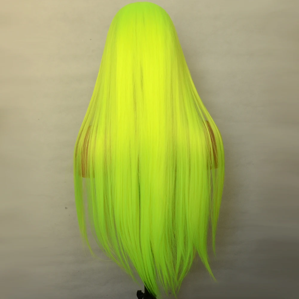 Voguebeauty brilhante amarelo verde sintético t peruca dianteira do laço de seda reta resistente ao calor fibra cosplay para mulher