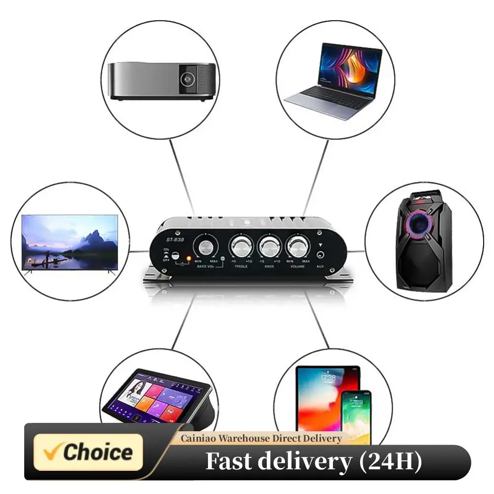 

ST-838 HiFi 2,1-канальный стереобасовый звуковой усилитель с регулировкой басов и высоких частот 80 Вт * 2, черный автомобильный домашний усилитель, мини-медиаплеер