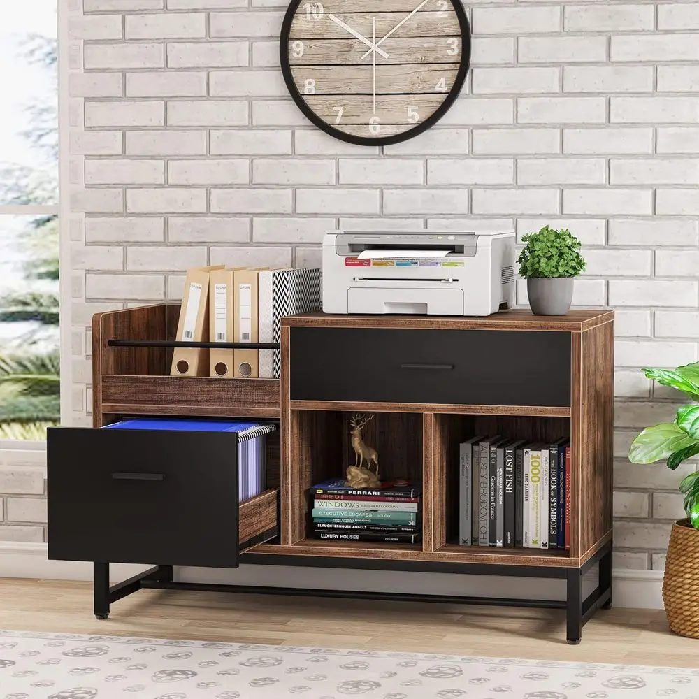 39 Desk-Side Dual-Drawer Wood File Cabinet with Open Shelves for Home Office