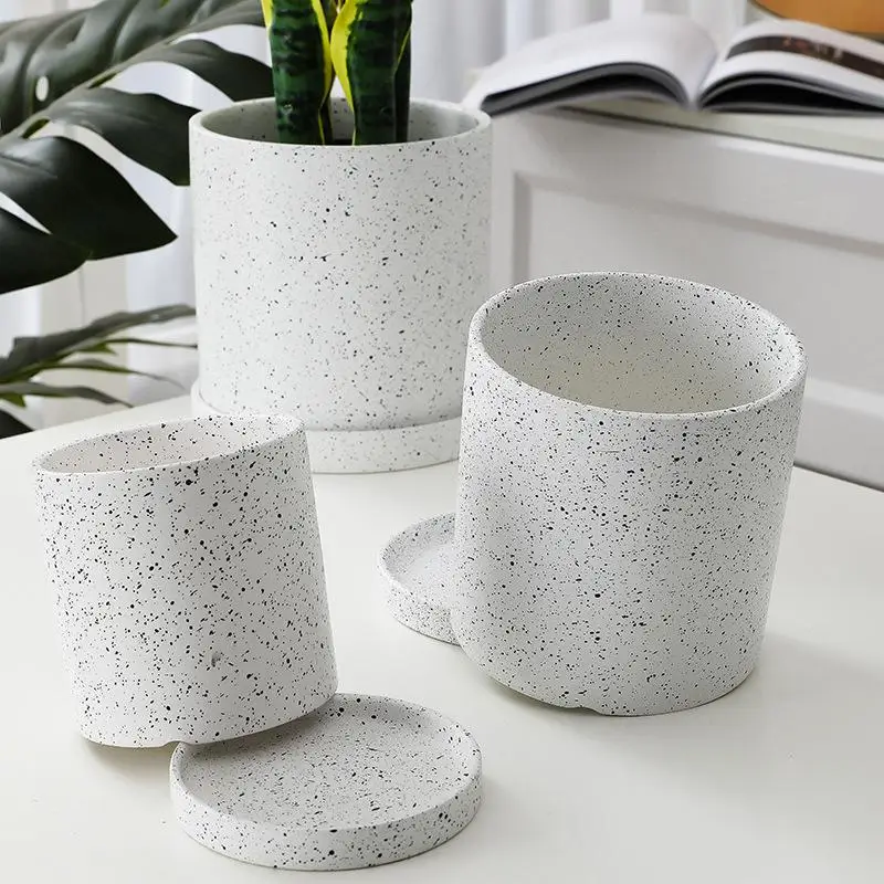 Ceramic Flower Pot With Tray Storage Container Marble Pattern Plant Flowerpot Nordic Pots For Flowers Garden