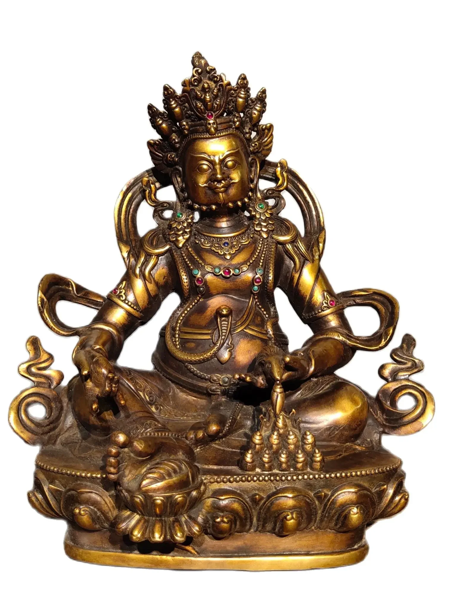 18th-20th Century Oriental Antique Artwork,Old Bronze Yellow Jambhala Tibetan Buddha Sculpture,Height 30CM,Long 25CM