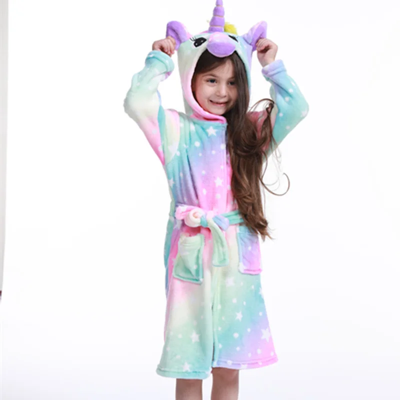 Unicorn Cartoon Kids Hooded Bath Robes, Children Sleepwear, Bathing Robe, Keep Warm, Easy to Clean, Boys, Girls Pajamas, Autumn,