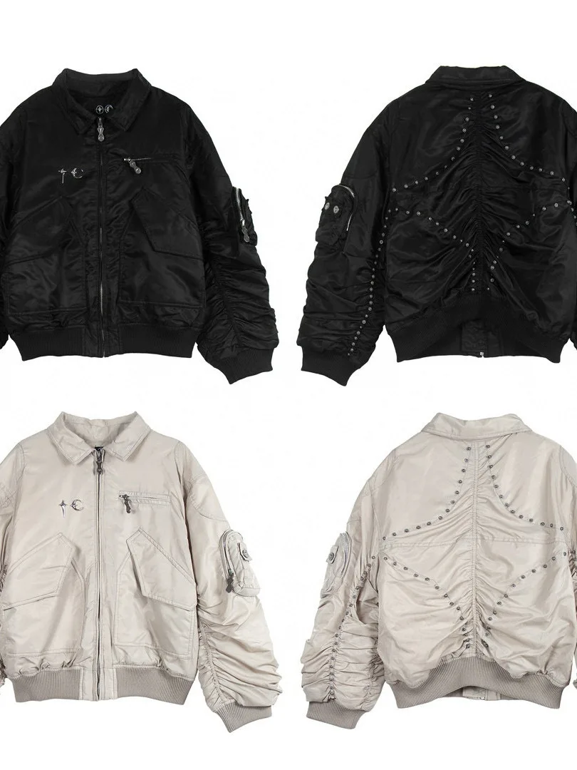 

Heavyweight American Trendy Brand Bomber Flight Jaet Metal Zipper Rivet Men's ort Loose Outerwear Casual Cotton Coat