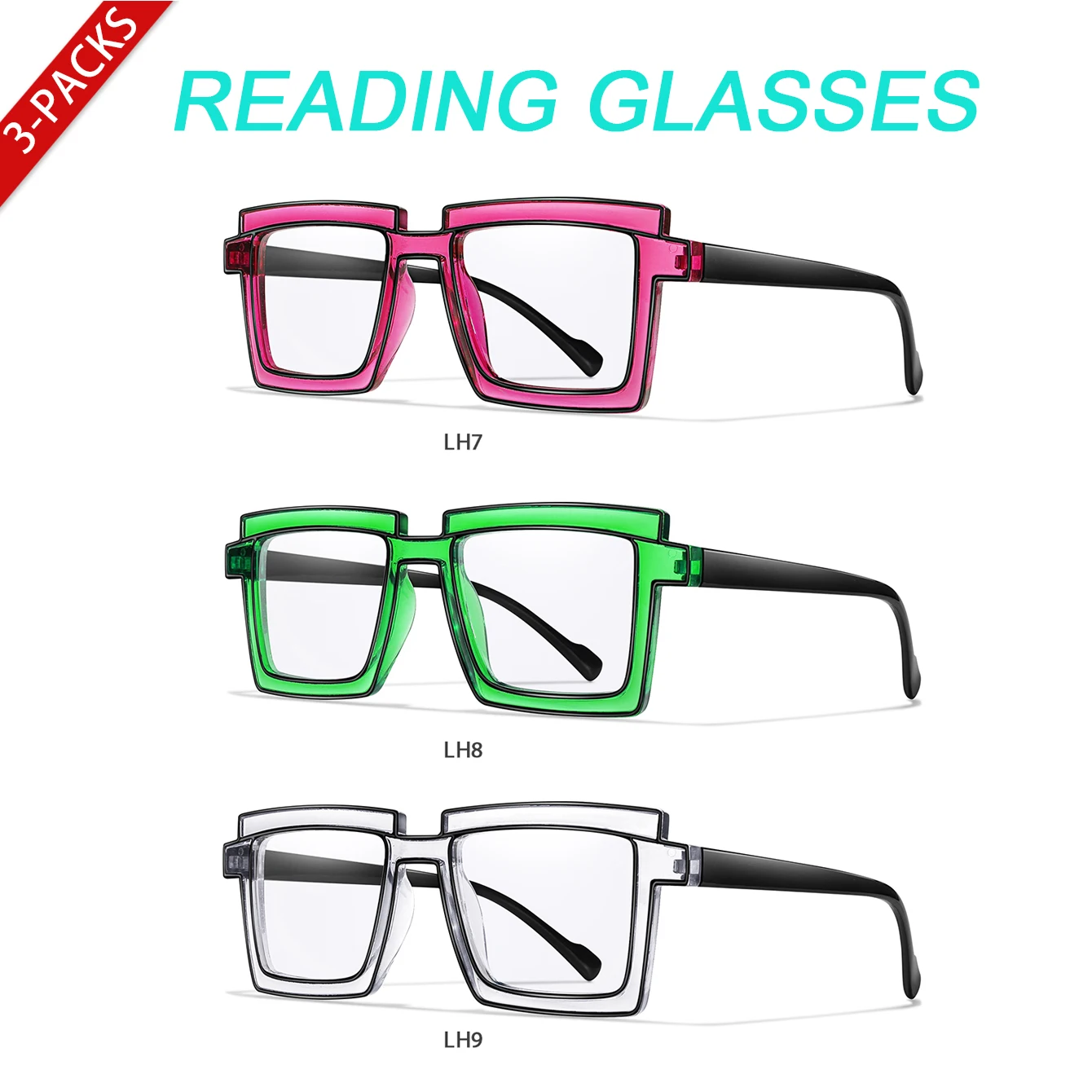 3 Pairs Oversize Lesebrille Frauen Trendy Quadratische Mode Transparente Vergrößerung Brillen Presbyopie Brille + 150 + 200