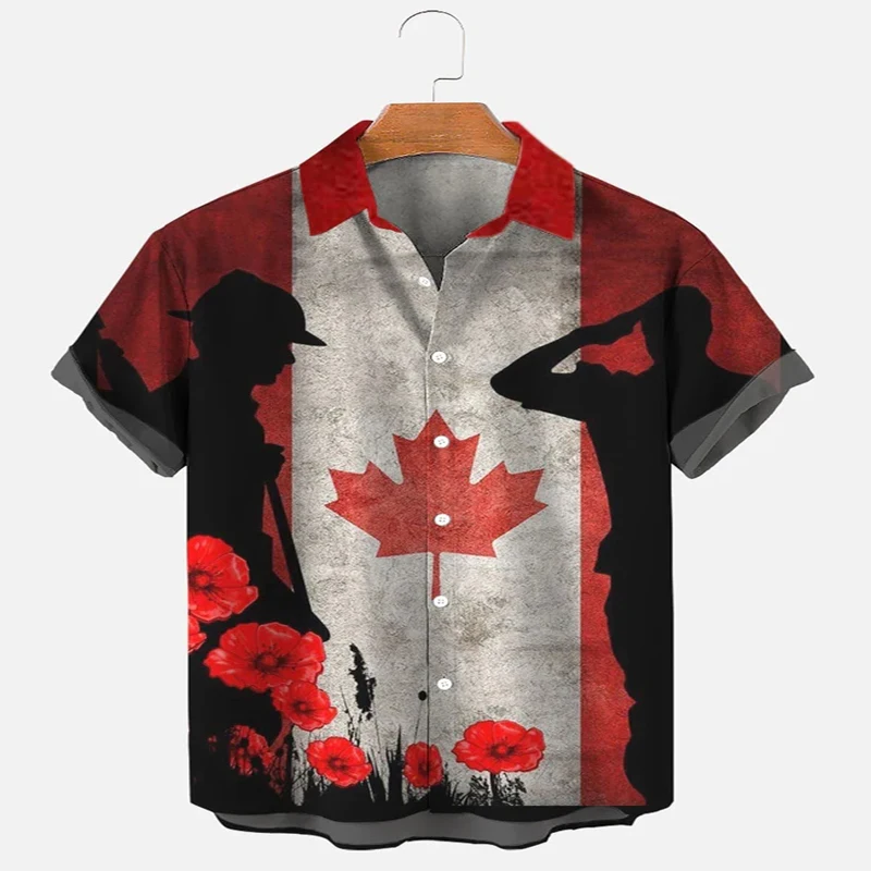 Remember Day Canadian Flag Soldier Poppy Print Hawaiian Shirt 3D Printed Hawaiian Shirt for Men and Women Casual Shirt Unisex