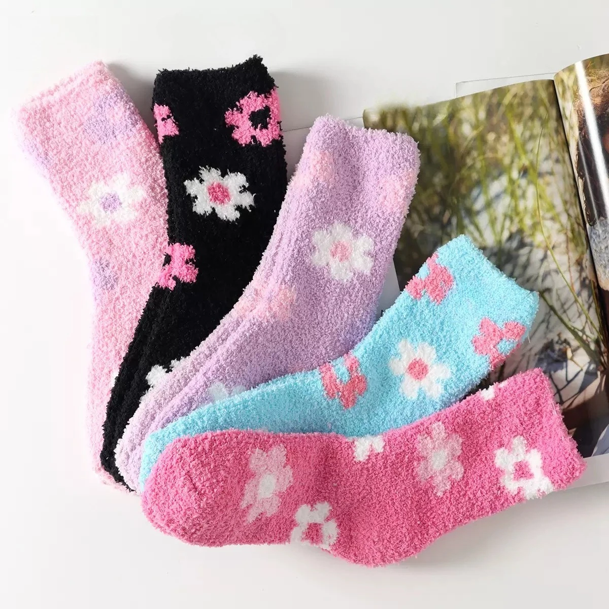 3 pairs of random color women's winter plush soft medium tube socks, flower cute socks