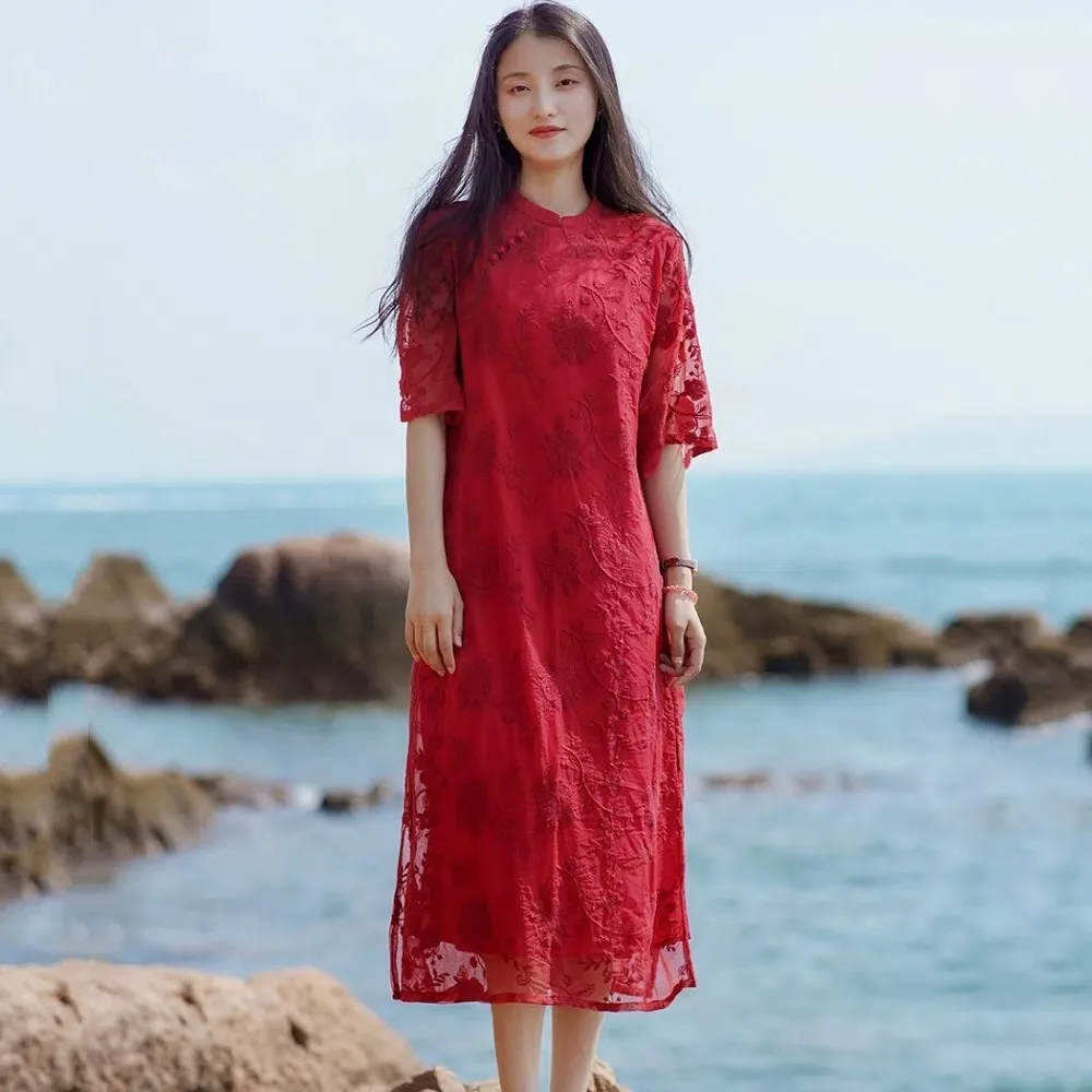 Floral Vintage Robe Dresses Plate Buckle Diagonal Buckle Chinese Style Dresses Thin O-Neck Jacquard Cheongsam Women Female