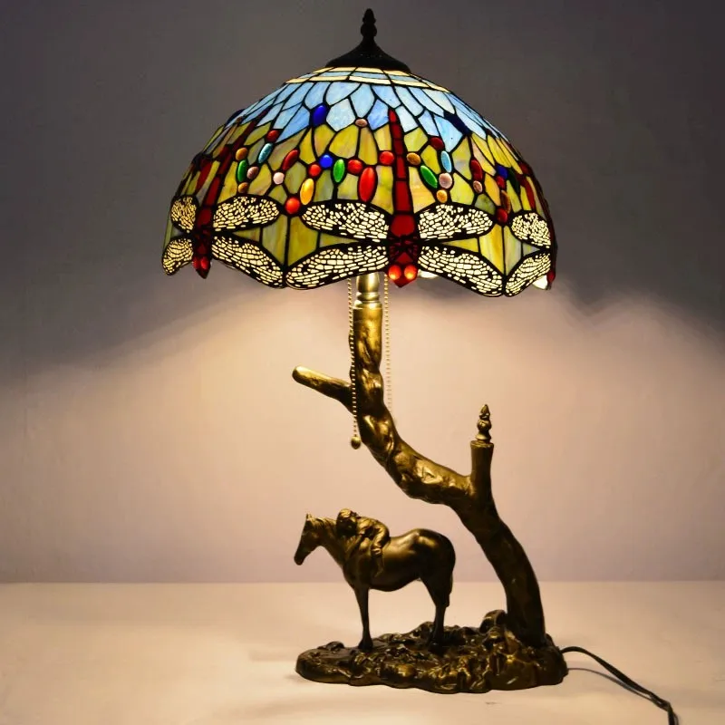 16Inch Colored Glass Table Lamp Dragonfly Retro Classical Table Lamp Bedroom Bedside Lamp Decoration
