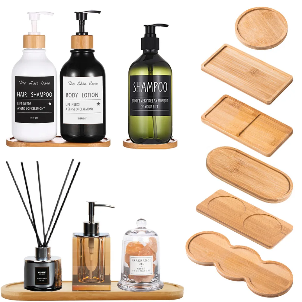 Wooden Soap Dispenser Tray Vanity Countertop Bottles Organizer Holder Round Square Candles Jewelry Storage Tray for Kitchen