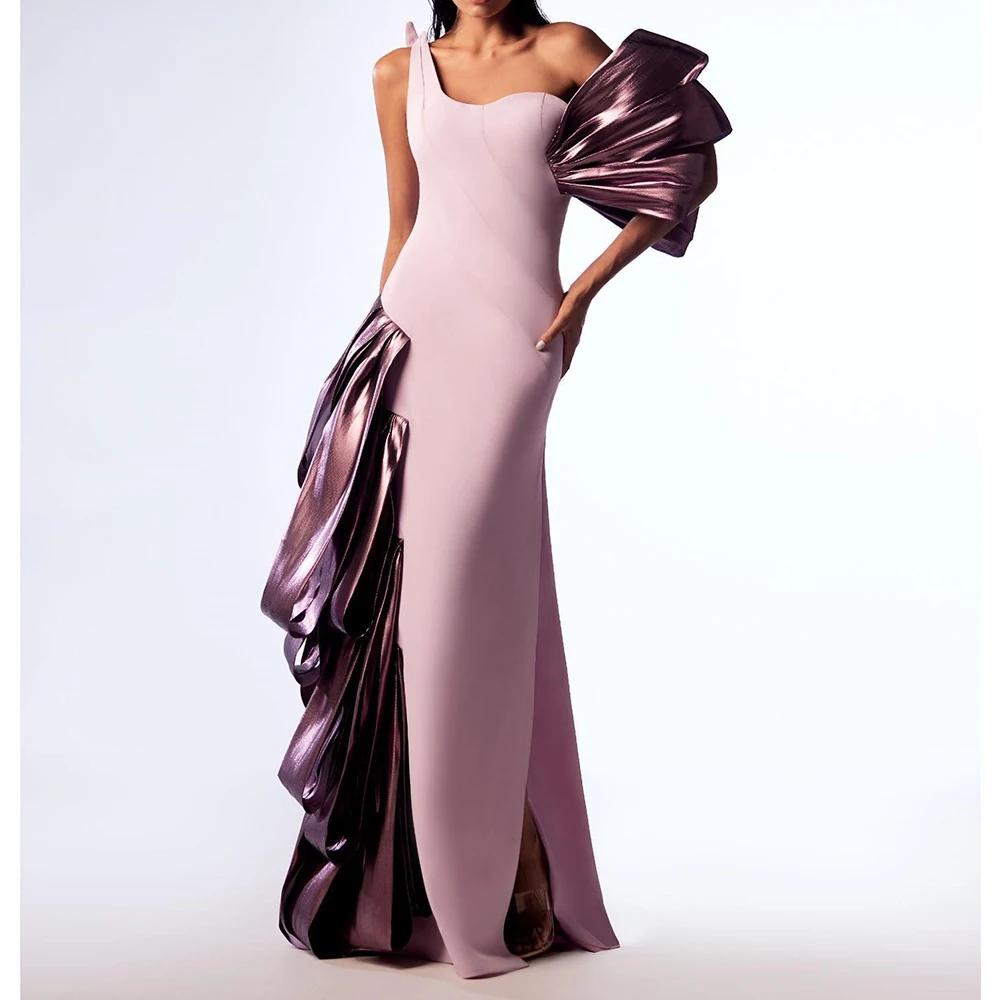 

Customized Jersey Straight One Shoulder Evening Dress Side Slit Floor Length Half Sleeves Panel Train Vestidos para mujer