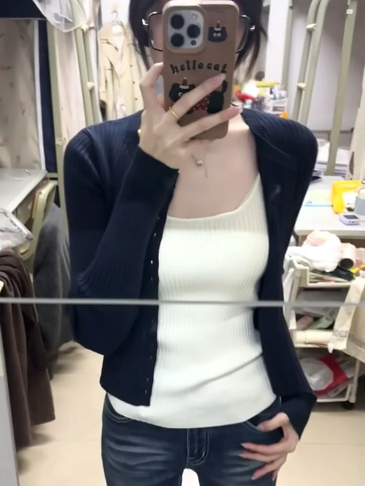 

Korean Style Knitted Cardigan Women Spring Autumn Short Inner Wear Layering Tank Top Versatile Two-Piece Set Top