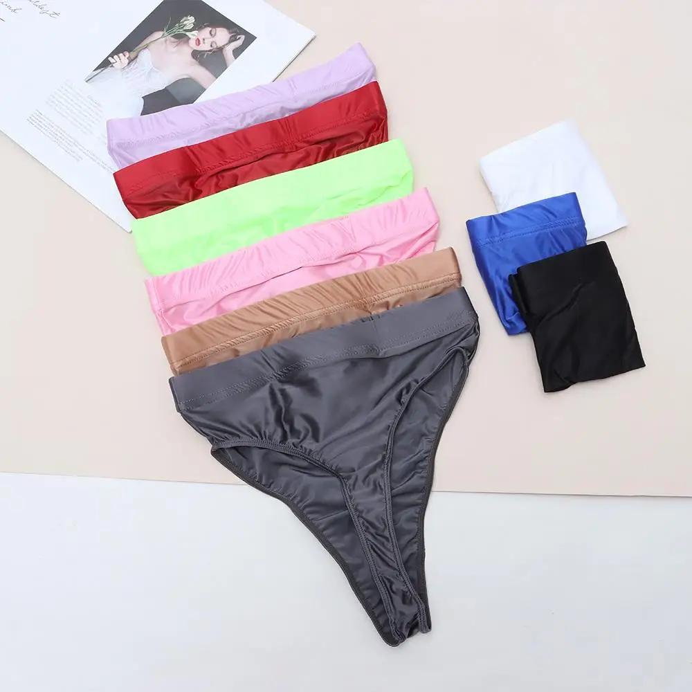 Tanga transparente de satén brillante para mujer, bragas ultrafinas, ropa de baile de cintura alta, M-XXL
