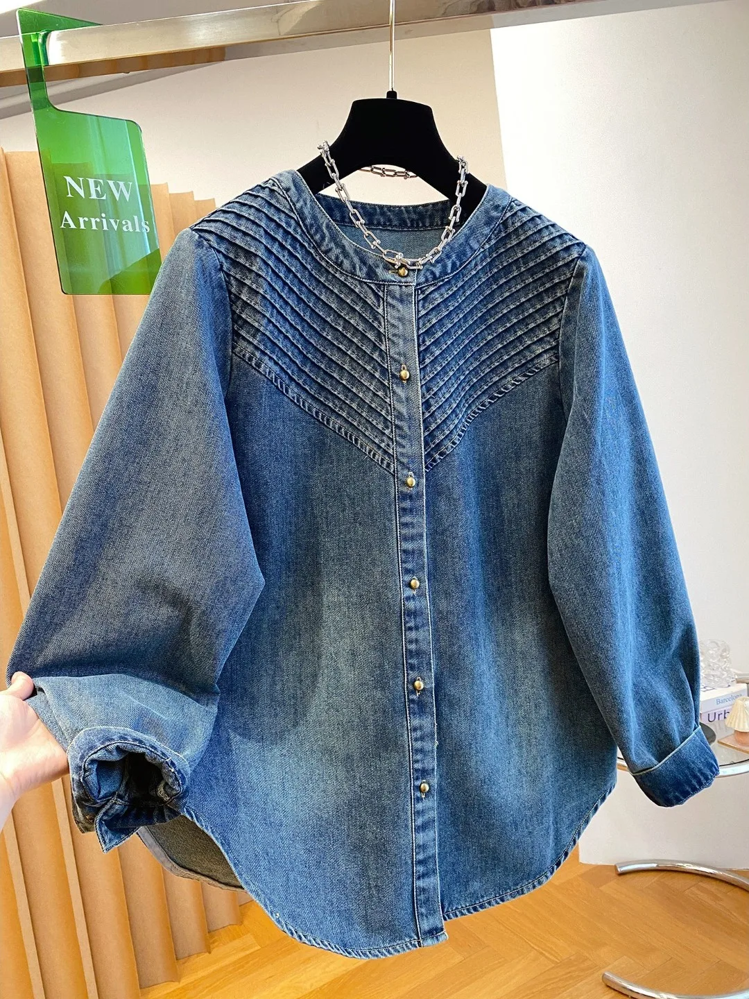 

Элегантная джинсовая рубашка с круглым вырезом и длинными рукавами для женщин больших размеров, новинка весна-лето, без этикетки, повседневная модная рубашка