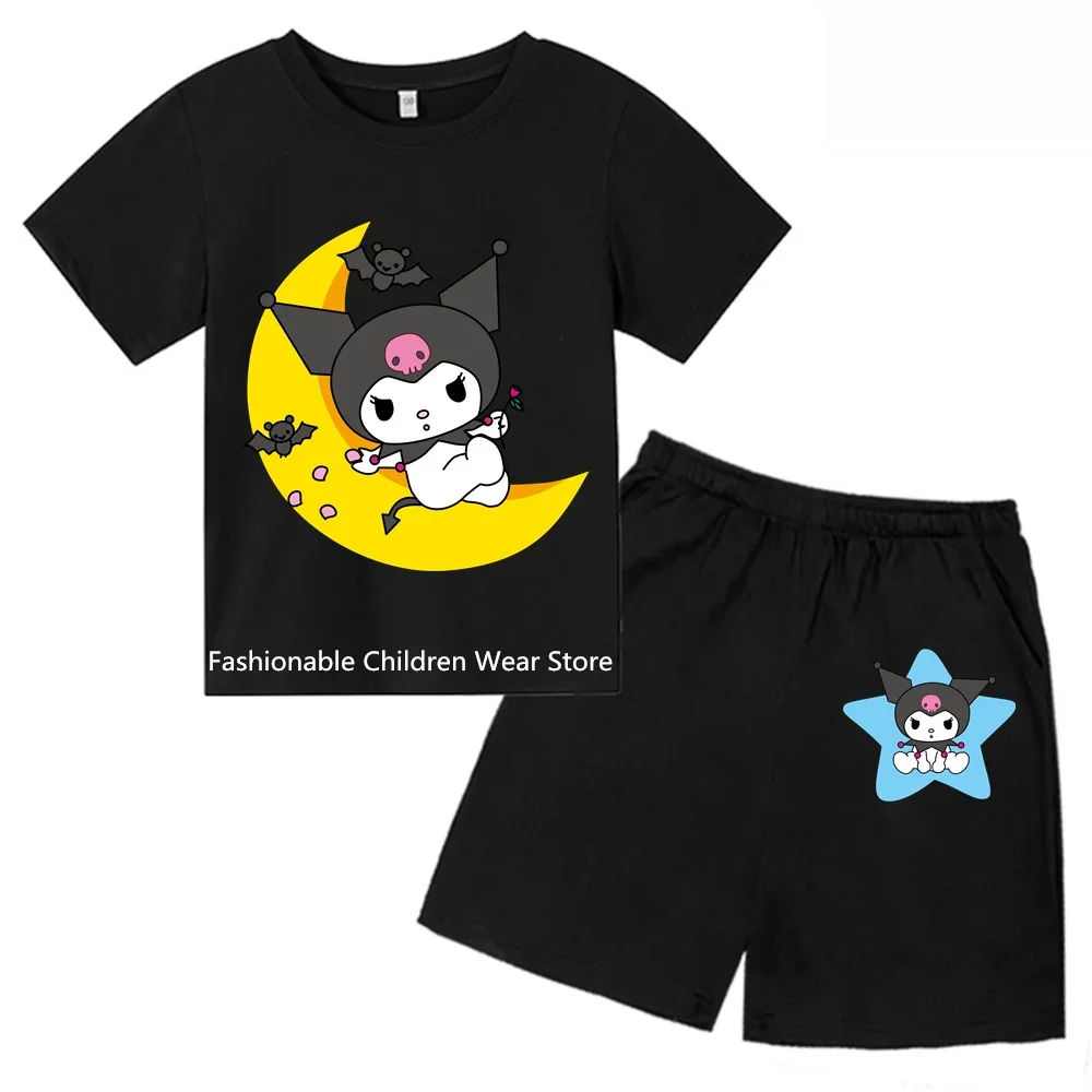 Sanrio Printed T-Shirt Shorts Boys Girls Shirt Fashion Kuromi Simple Cute Short Sleeve Suit Top Cartoon Clothes For Children